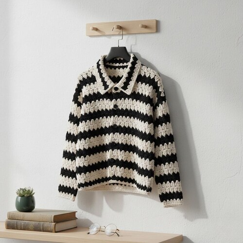 Textured Striped Cardigan Pattern | Easy Crochet Button Jacket | Beginner Black and White Sweater PDF
