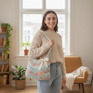 Patrón de crochet para bolsa de mercado para principiantes / PDF para hacer una bolsa de verano en tonos pastel / Tutorial para hacer una bolsa de malla ecológica / Guía para hacer bolsas de supermercado de algodón hechas a mano