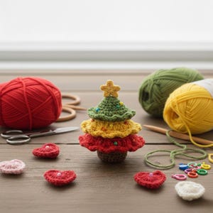 Patrón de crochet para miniárbol de Navidad escalonado / Abeto apilado para mesa (PDF) / Tutorial de pequeños adornos navideños / Guía de abetos festivos amigurumi