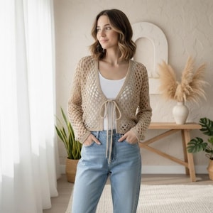 Crochet Openwork Vest Mesh Top Pattern | Mesh Lace Crochet Cardigan for Women | Crochet Tie Front Cardigan PDF | Easy Lightweight Mesh Top