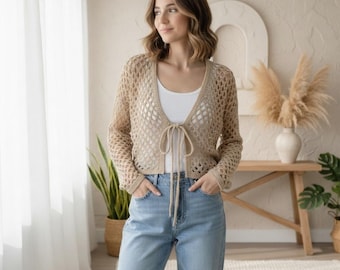 Modèle de gilet ajouré au crochet | Gilet en dentelle ajourée au crochet pour femme | Modèle PDF de gilet à nouer sur le devant | Haut en maille léger et facile à réaliser