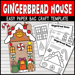 Może przedstawiać: Brązowa papierowa torba ozdobiona jako domek z piernika z białym lukrem, cukierkami i piernikowym ludzikiem. U góry znajduje się napis "GINGERBREAD HOUSE EASY PAPER BAG CRAFT TEMPLATE". Dołączono kilka szablonów rzemieślniczych.