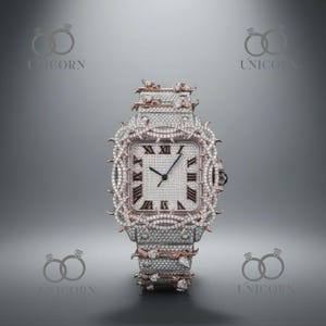 May include: A luxury wristwatch with a square face and a silver and rose gold band. The watch is encrusted with numerous small, sparkling stones. The watch face has black Roman numerals and black hands. The watch is set against a grey background.