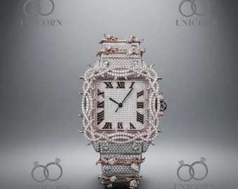 Automatic Moissanite Watch, Square Luxury Watch, Self Winding Iced Watch, Stainless Steel Unisex Watch Gift Men Women, Lab Diamond Watch