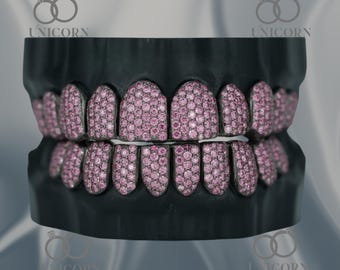 Grillz invisible de corte redondo rosa con moissanita de VS Lab / Joyería dental personalizada con diamantes / Grillz de oro de 10 quilates / Conjunto de lujo estilo hip hop