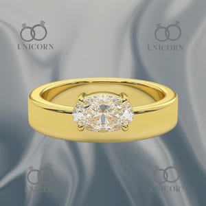 Wide Band Oval and Round Cut Engagement Ring for Women-Prong Set Wedding Ring-Unique Thick Band Solitaire Ring-14K Solid Gold Ring-Bands