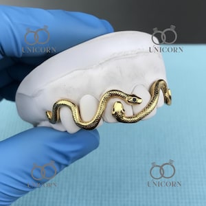 Può includere: Grillz dorati a forma di serpente, un accessorio dentale, sono esposti su un calco dentale bianco. Il design del serpente si avvolge attorno ai denti, con una testa di serpente con una piccola pietra scura. Sfondo azzurro.