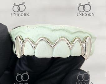 Window Open Face Grillz, 6-Piece Set Custom Gold Teeth, Curved Grill, Sterling Silver & Gold Teeth Grills, Hip Hop Jewelry