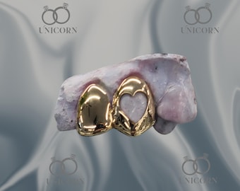Custom Heart Open Face Grillz 10k 14k 18k Gold Sidepiece Two Tooth Mouth Piece Jewelry Silver Grills