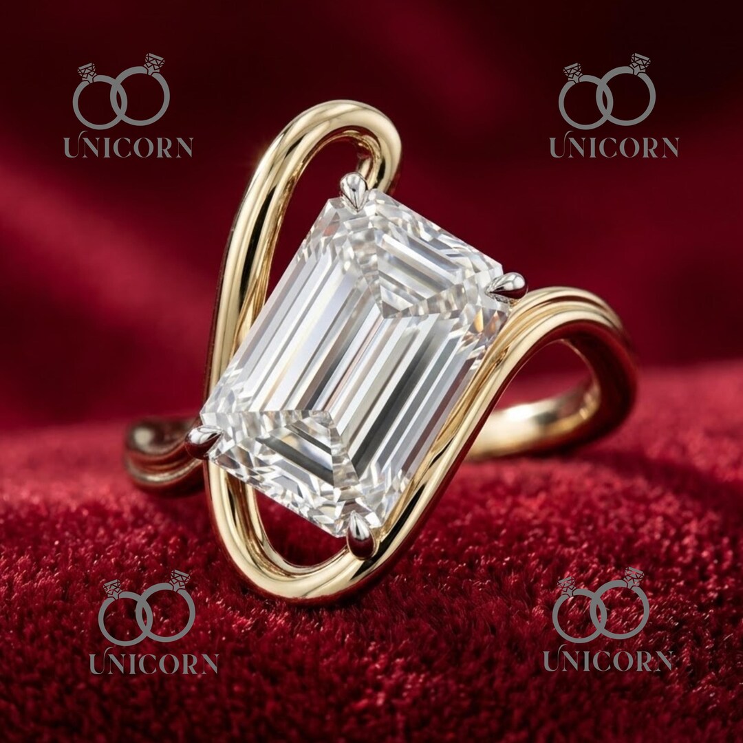 3CT Emerald Cut Lab Diamond Solitaire Ring Curved Yellow Gold ...