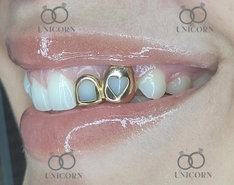 Custom Heart Open Face Grillz 14k Gold Sidepiece Mouth Piece Jewelry Two Tooth Cap Hip Hop  Sterling Silver Gift for Her
