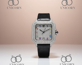 Orologio personalizzato VVS1 Moissanite / Diamanti rotondi DEF / Cinturino in pelle di lusso in acciaio inossidabile ghiacciato / Test superato / Orologio da uomo e da donna con brillantini