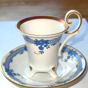 Vintage Weimarer Porzellan Footed Cup and Saucer – Blue Floral, White & Gold, Hand-Painted Porcelain, Made in Germany