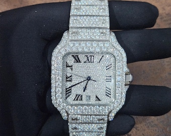Reloj cuadrado de lujo con moissanita VVS1 engastada / Acero inoxidable con diamantes / Prueba de diamantes superada