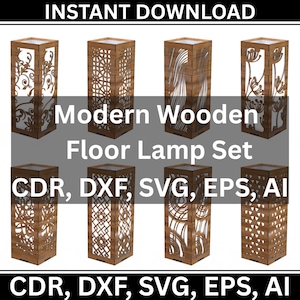 May include: A set of modern wooden floor lamps with intricate cut-out designs. The lamps are rectangular, with a warm brown finish and a light source visible inside. Text on the image reads "Modern Wooden Floor Lamp Set" and "CDR, DXF, SVG, EPS, AI."