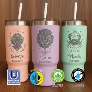 Personalized Zodiac 40oz Tumbler with Straw, Custom Astrology Gift, Horoscope Constellation Cup, Christmas Gift, Zodiac Tumbler with Handle