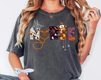 Camiseta de enfermeira de Halloween Comfort Colors: camiseta de enfermagem de outono