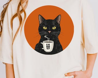 Camiseta "Ele já morreu?" com estampa de gato preto e café, anti-Trump, FDT