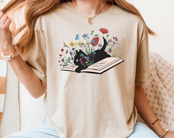 Floral Cat Book T-Shirt, Cat Lover Gift
