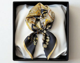 Mulberry Silk Scarf: Paisley Gold Black Neckerchief (26