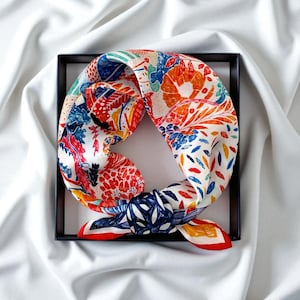 100% Silk Floral Scarf: Colorful Abstract Print, Lightweight Accessory, Bandana