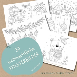 Puede incluir: Una colección de páginas para colorear con temática navideña en blanco y negro. Las imágenes incluyen cajas de regalo, adornos, calcetines, casas y un oso con un pájaro. El texto en la imagen dice "30 weihnachtliche FENSTERBILDER".