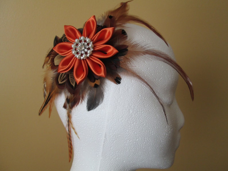Barnyard Wedding Fall Autumn Wedding Fascinator Pheasant Feather Bridal Hair Flower Clip Pumpkin Burnt Orange Kanzashi Head Piece