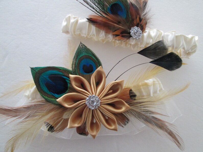 Gold Kanzashi Gold Wedding Garter Set Country- Rustic Bride Peacock Garter Rustic Garter Set Burlap /& Lace Bridal Garter