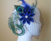 Wedding Peacock Fascinator, Royal Blue Kanzashi Flower Bridal Head Piece, Sapphire Blue Hair Flower with Feathers & Birdcage
