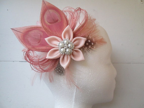 Rosewater Pink-Rustic Bridal Hair Clip with Birdcage Veil Pink /& Gray Silver Peacock Bridal Hair Flower Blush Pink Wedding Fascinator Clip