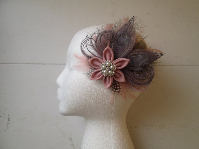 Rosewater Pink-Rustic Bridal Hair Clip with Birdcage Veil Pink /& Gray Silver Peacock Bridal Hair Flower Blush Pink Wedding Fascinator Clip