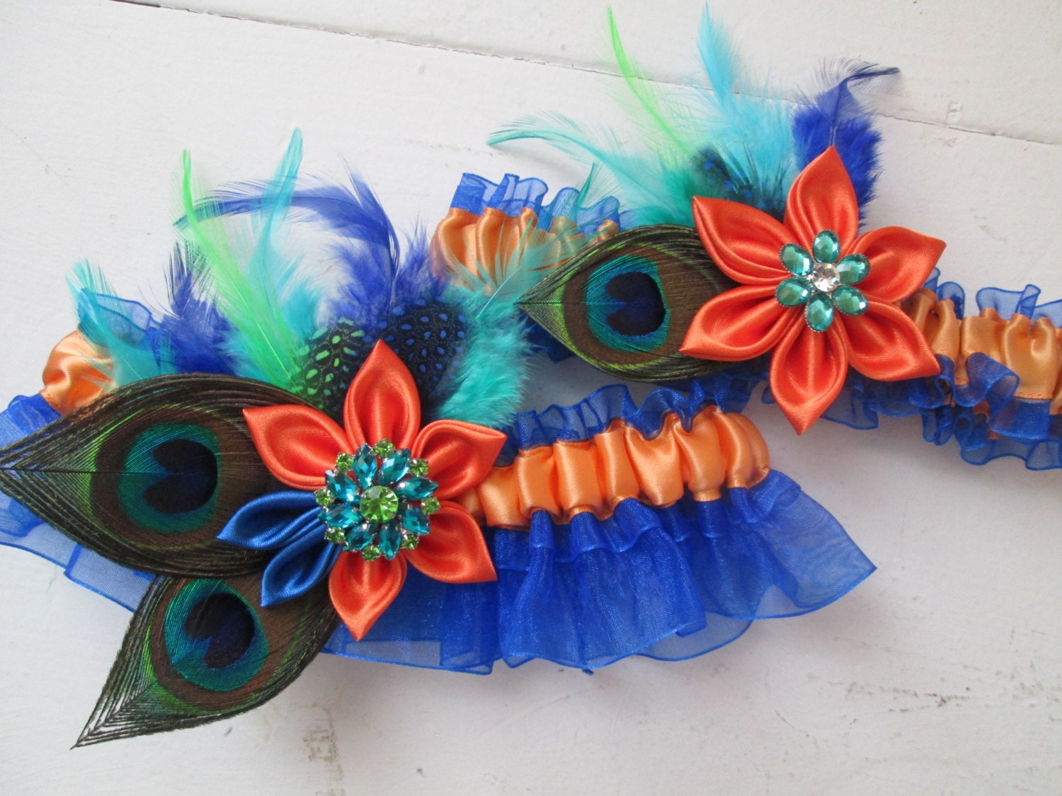 Peacock Wedding Garter Set Royal Blue Orange Bridal Etsy