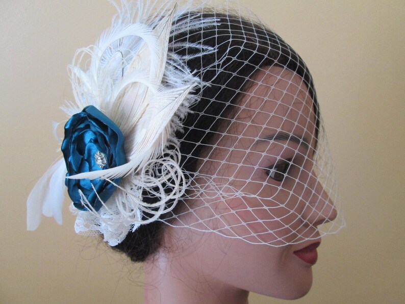 Birdcage Veil Teal Rose /& Ivory Peacock Feather Bridal Head Piece Rustic- Vintage Bride Teal Peacock Wedding Fascinator Kentucky Derby