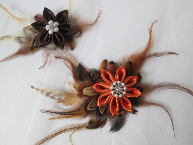Barnyard Wedding Fall Autumn Wedding Fascinator Pheasant Feather Bridal Hair Flower Clip Pumpkin Burnt Orange Kanzashi Head Piece