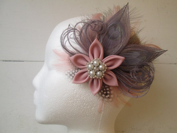 Rosewater Pink-Rustic Bridal Hair Clip with Birdcage Veil Pink /& Gray Silver Peacock Bridal Hair Flower Blush Pink Wedding Fascinator Clip