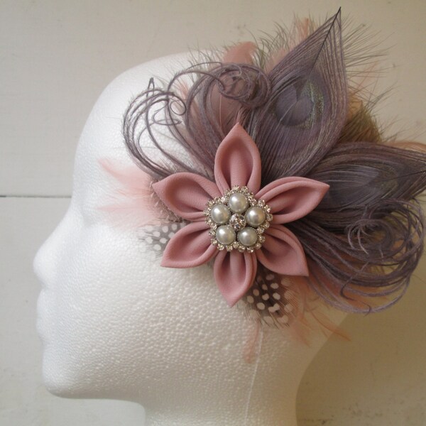 Blush Pink Wedding Fascinator Clip, Pink & Gray Silver Peacock Bridal Hair Flower, Rosewater Pink-Rustic Bridal Hair Clip with Birdcage Veil