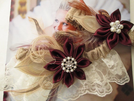 Gold Kanzashi Gold Wedding Garter Set Country- Rustic Bride Peacock Garter Rustic Garter Set Burlap /& Lace Bridal Garter