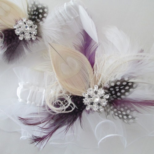 White Wedding Garter Set, Bridal shops Garters, Peacock Garters, Purple Feather Garter, Luxury Couture Garter, Diamante Crystal Garter