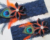 Navy Blue & Burnt Orange Wedding Garter Set, Midnight Blue Garters, Prom, Fall- Autumn- Harvest Wedding, Rustic- Country Bride