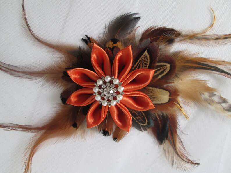 Barnyard Wedding Fall Autumn Wedding Fascinator Pheasant Feather Bridal Hair Flower Clip Pumpkin Burnt Orange Kanzashi Head Piece