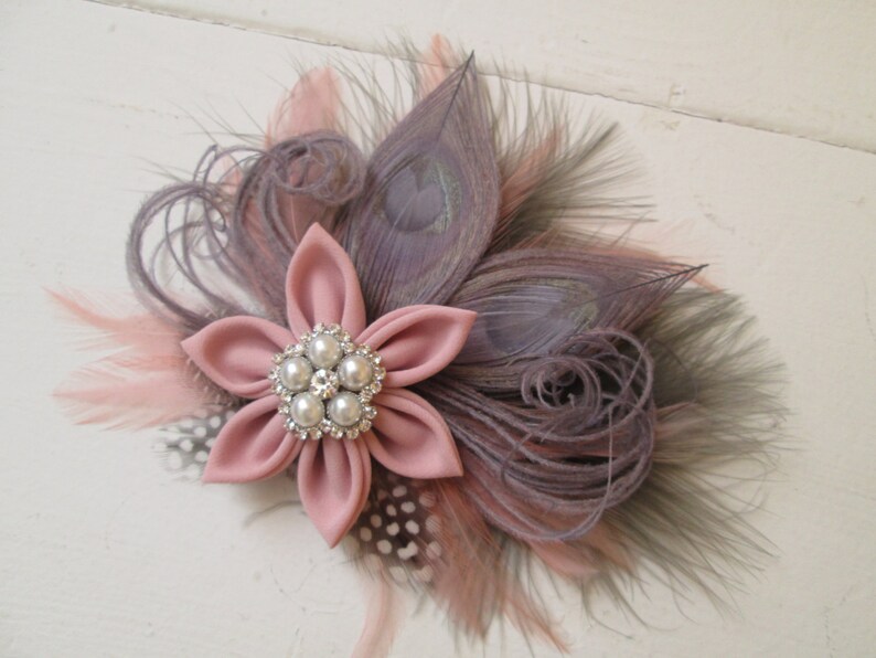 Rosewater Pink-Rustic Bridal Hair Clip with Birdcage Veil Pink /& Gray Silver Peacock Bridal Hair Flower Blush Pink Wedding Fascinator Clip