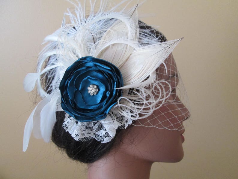 Birdcage Veil Teal Rose /& Ivory Peacock Feather Bridal Head Piece Rustic- Vintage Bride Teal Peacock Wedding Fascinator Kentucky Derby