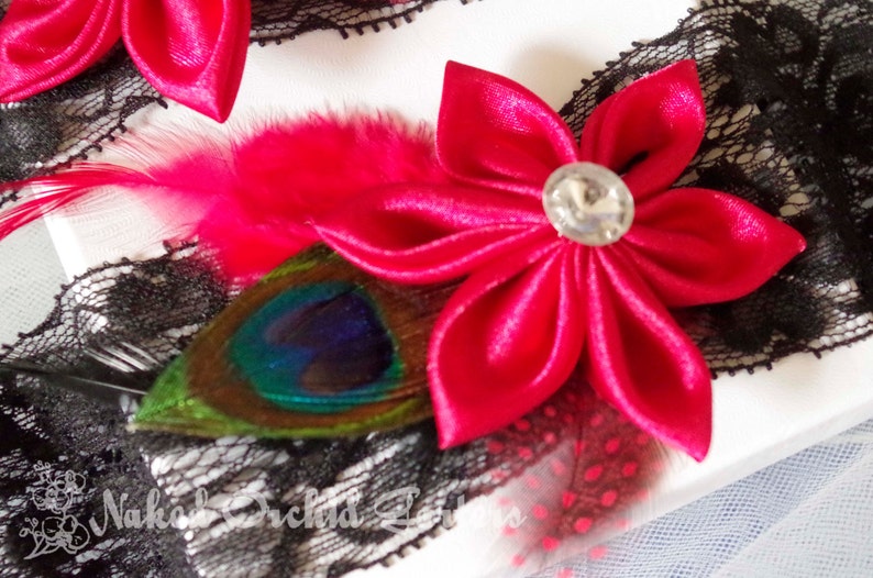 Black Lace Garter for Vintage Circus- Bettie Page- Pinup Girl Peacock Garters Dance Costume Red Wedding Garter Set