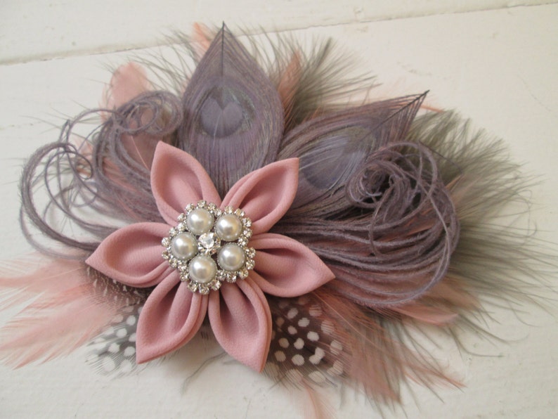 Rosewater Pink-Rustic Bridal Hair Clip with Birdcage Veil Pink /& Gray Silver Peacock Bridal Hair Flower Blush Pink Wedding Fascinator Clip