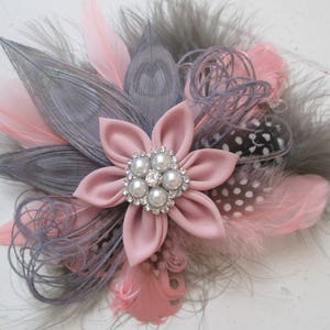 Rosewater Pink-Rustic Bridal Hair Clip with Birdcage Veil Pink /& Gray Silver Peacock Bridal Hair Flower Blush Pink Wedding Fascinator Clip