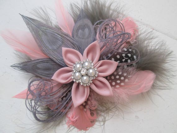 Rosewater Pink-Rustic Bridal Hair Clip with Birdcage Veil Pink /& Gray Silver Peacock Bridal Hair Flower Blush Pink Wedding Fascinator Clip