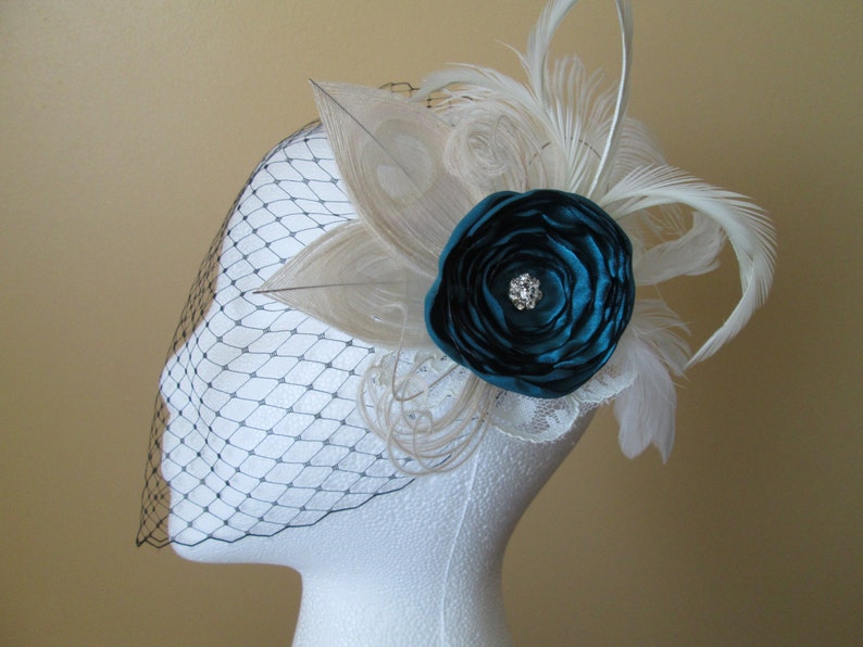 Birdcage Veil Teal Rose /& Ivory Peacock Feather Bridal Head Piece Rustic- Vintage Bride Teal Peacock Wedding Fascinator Kentucky Derby