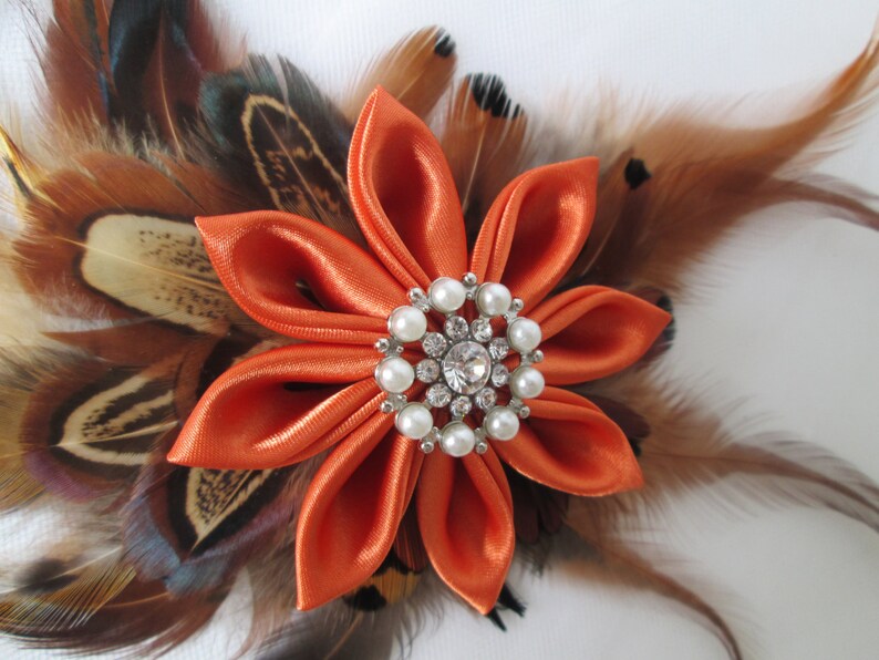 Barnyard Wedding Fall Autumn Wedding Fascinator Pheasant Feather Bridal Hair Flower Clip Pumpkin Burnt Orange Kanzashi Head Piece