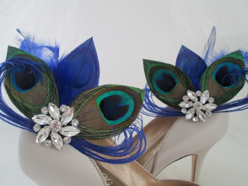 PEACOCK Wedding Shoe Clips Royal Blue Peacock Feather Shoe Etsy