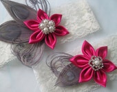 Hot Pink & Silver Wedding Garter Set, PEACOCK GARTERS, Gray / Pink Garters, Ivory Lace Bridal Garter, Rustic, Vintage Country Bride
